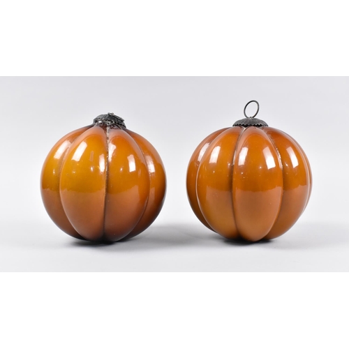 39 - A Pair of Vintage Pumpkin Shaped Hanging Decorations/Christmas Baubles of Lobed Globular Form, Metal... 