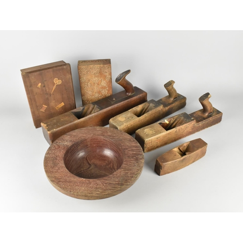 507 - A Collection of Various Jack Plane Bodies, Turned Wooden Bowl, Sorrento Workbox and a Carved Box