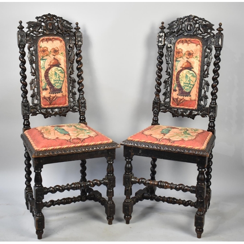 536 - A Pair of Reupholstered Carved Oak Gothic Revival Hall Chairs with Barley Twist Supports and Stretch... 