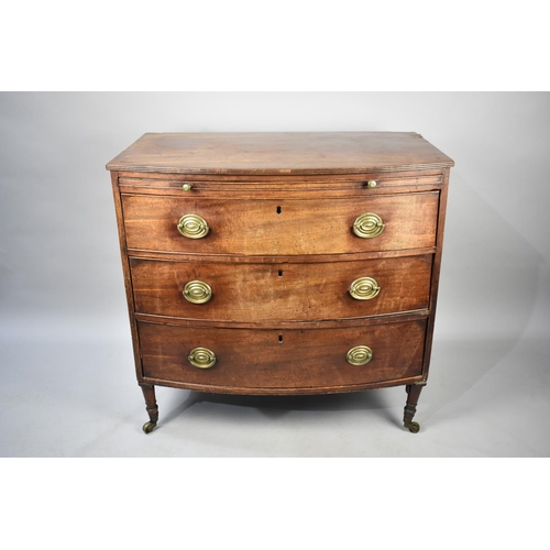 544 - A Victorian Mahogany Bow Fronted Chest of Four Long Drawers with Brushing Slide Over, 93cms Wide