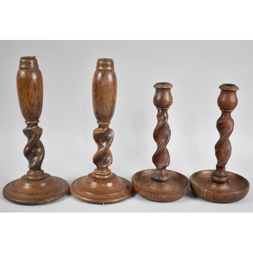 65 - Two Pairs of Edwardian Carved Oak Barley Twist Candlesticks, Tallest 25cms High