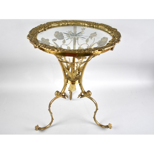 76 - A Nice Quality Late 20th Century Gilt Brass Circular Tripod Table with Etched Glass Top, 40cms Diame... 