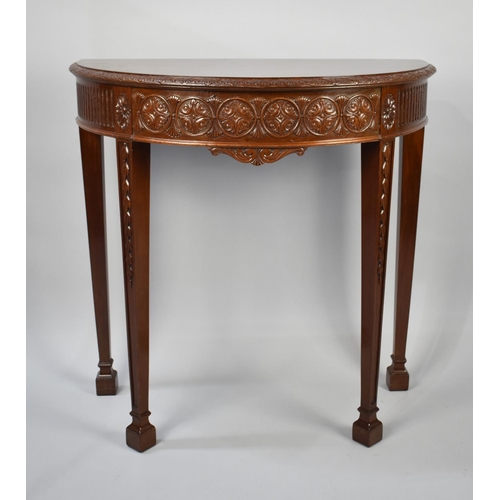 77 - A Reproduction French Style Mahogany Demilune Console Table with Carved Decoration and Tapering Squa... 