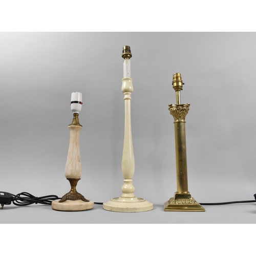 80 - A Collection of Three Table Lamp Bases, Painted Wooden Example, Brass Corinthian Column and Brass an... 