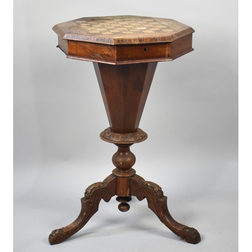 83 - A 19th Century Inlaid Trumpet Work Table on Tripod Base with Hinged Chequerboard Lid to Fitted Inter... 