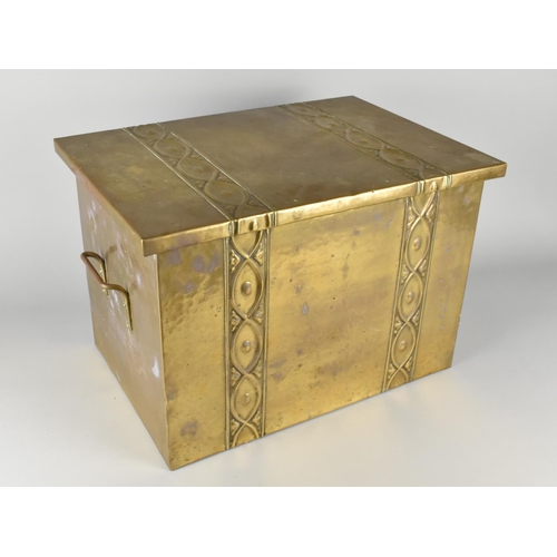 85 - An Early 20th century Brass Covered Log Box with Two Carrying handles and Hinged Lid, Banded Decorat... 