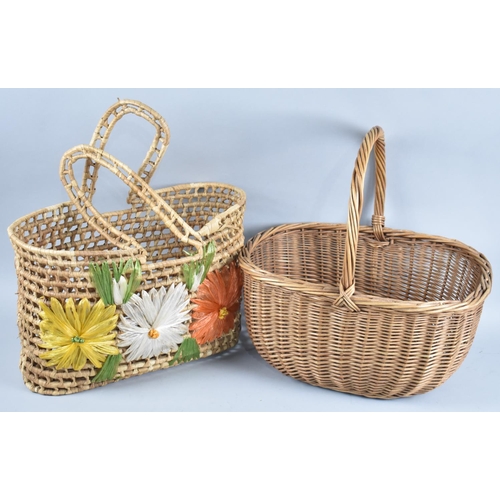 90 - A Vintage Wicker Shopping Basket and a Raffia Decorated Example