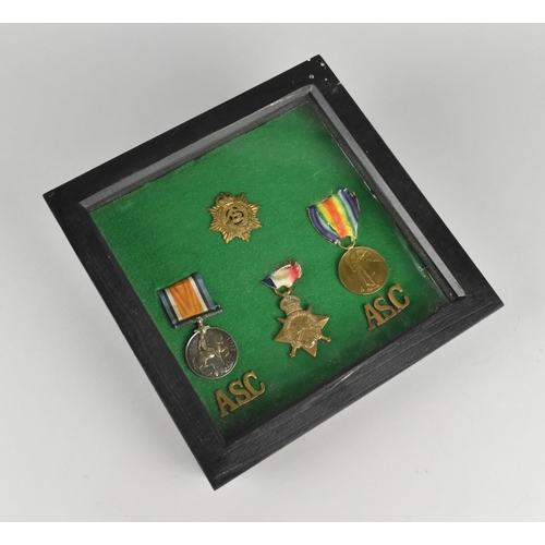 120 - A Framed Collection of WWI Medals and Military Badges Awarded to Driver J Farr, Army Service Corps