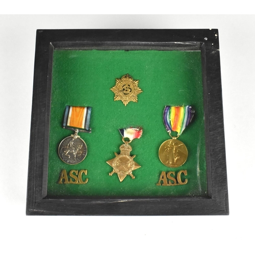 120 - A Framed Collection of WWI Medals and Military Badges Awarded to Driver J Farr, Army Service Corps