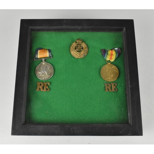 121 - A Framed Royal Engineers Badge and Two WWI Medals Awarded to 63458 Sapper JH Crew, Royal Engineers