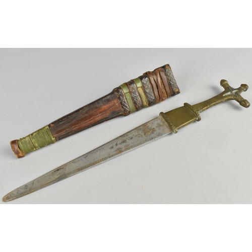 100 - An African Benin Bronze Handled Dagger with Leather Scabbard, 30cm Long