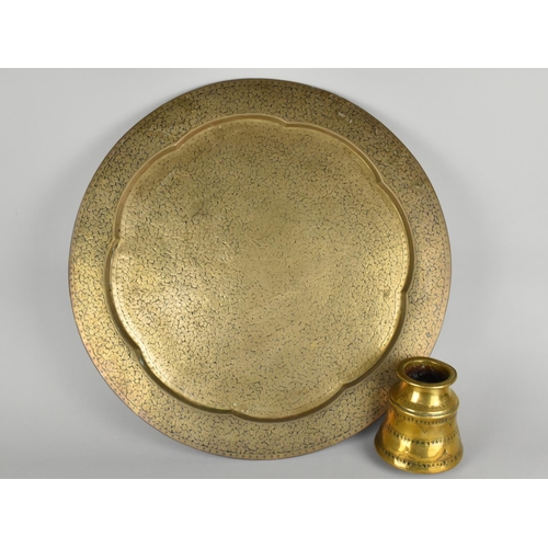 109 - A Large Indian Brass Benares Engraved Tray Top Together with a Brass Vase