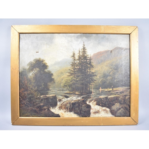 127 - A Gilt Framed Oil on Canvas Depicting Fly Fisherman at River, Signed Thomas Spinks 1890, Condition I... 