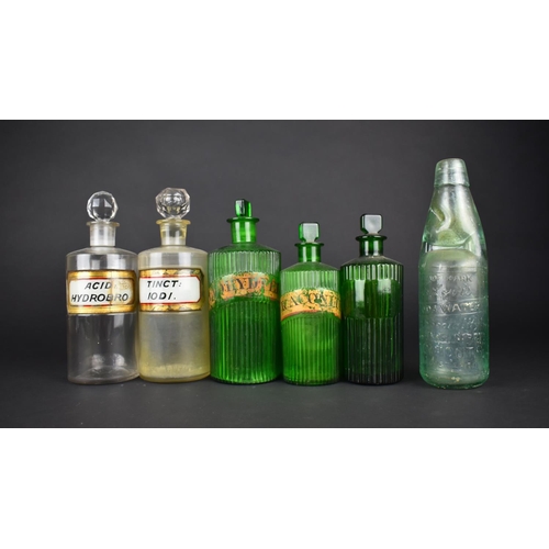 128 - A Collection of Various Late 19th/Early 20th Century Green and Plain Glass Chemists Bottles Together... 