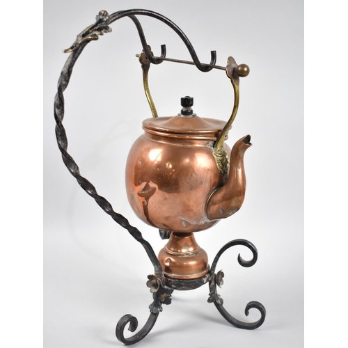 35 - An Arts and Crafts Wrought Iron and Copper Spirit Kettle with Burner, Kettle Handle AF, 38cm High