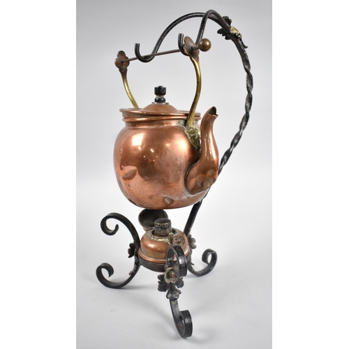 35 - An Arts and Crafts Wrought Iron and Copper Spirit Kettle with Burner, Kettle Handle AF, 38cm High