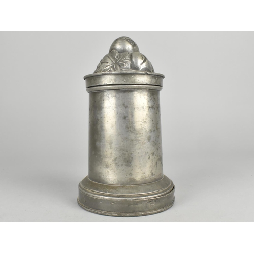 37 - A Victorian Pewter Quart Jelly Mould of Cylindrical Form with Removable Cover and Base, the Base Sta... 