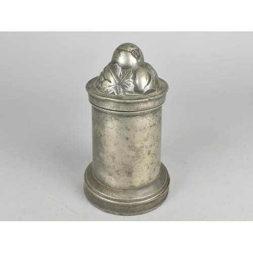 37 - A Victorian Pewter Quart Jelly Mould of Cylindrical Form with Removable Cover and Base, the Base Sta... 