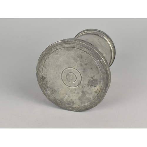 37 - A Victorian Pewter Quart Jelly Mould of Cylindrical Form with Removable Cover and Base, the Base Sta... 