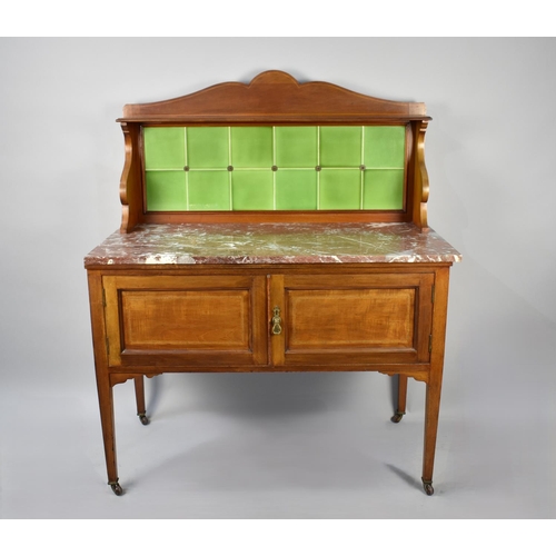 498 - An Edwardian String Inlaid Mahogany Marble Topped and Tile Backed Washstand, 107cm wide