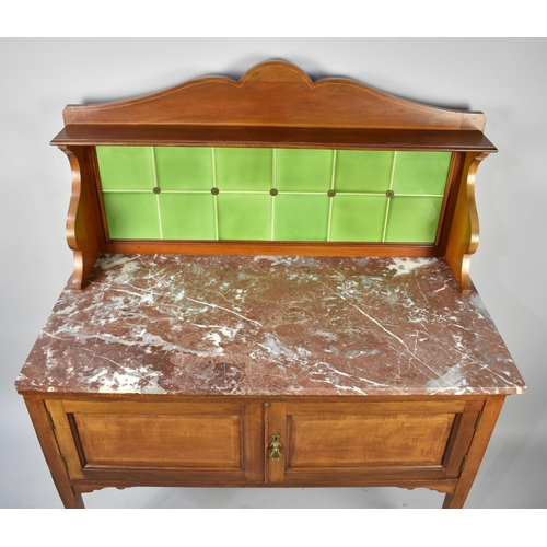 498 - An Edwardian String Inlaid Mahogany Marble Topped and Tile Backed Washstand, 107cm wide