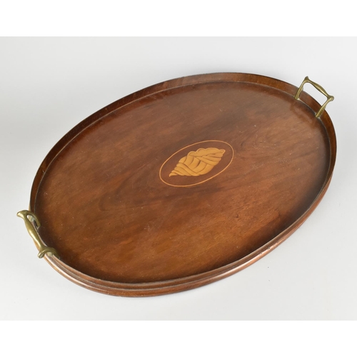 50 - A Late 19th/Early 20th Century Shell Inlaid Mahogany Oval Tray with Brass Handles, 60cm Long