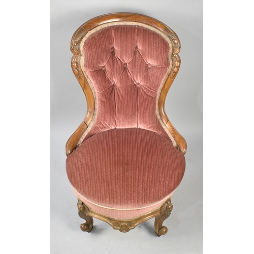 526 - A Late Victorian Walnut Framed Button Upholstered Circular Seated Ladies Nursing Chair