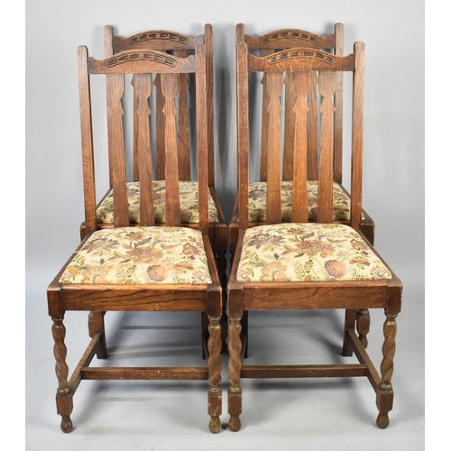 530 - A Set of Four Edwardian Oak Framed Dining Chairs Tapestry Pad Seats, Barley Twist Front Supports