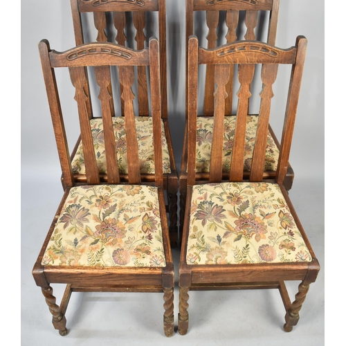 530 - A Set of Four Edwardian Oak Framed Dining Chairs Tapestry Pad Seats, Barley Twist Front Supports