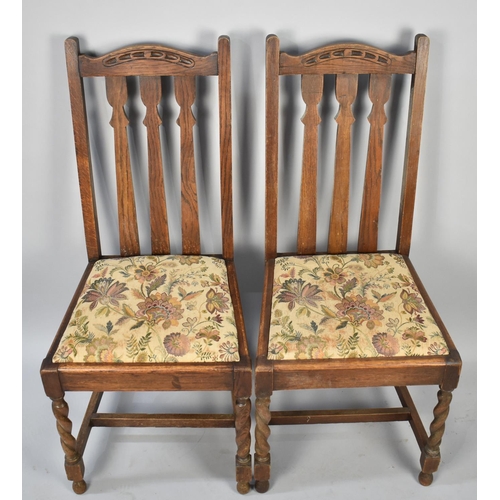 530 - A Set of Four Edwardian Oak Framed Dining Chairs Tapestry Pad Seats, Barley Twist Front Supports