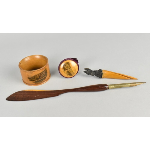 56 - A Mauchline Ware Napkin Ring, a Circular Needle Holder Together with a Carved Wooden Bookmark with S... 