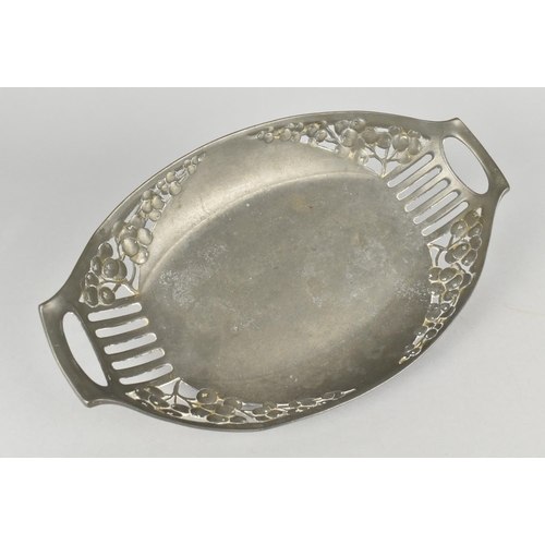 60 - A WMF Style Art Nouveau Pewter Oval Two Handled Tray Decorated with Fruit, 25cm Wide