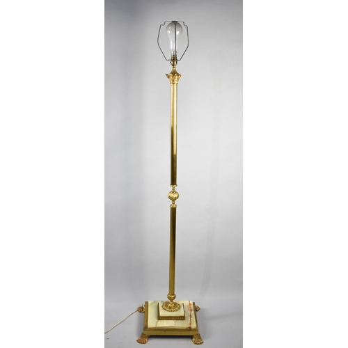 63 - A Modern Brass and Onyx Standard Lamp of Corinthian Column Form on Stepped Square bass and Four Claw... 