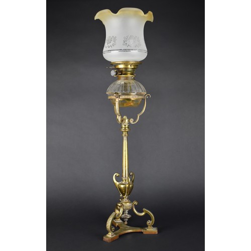 26 - A Late 19th Century Hinks & Sons Brass Duplex Oil Lamp with Glass Reservoir on Slender Brass Support... 