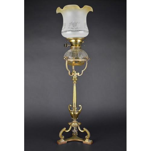 26 - A Late 19th Century Hinks & Sons Brass Duplex Oil Lamp with Glass Reservoir on Slender Brass Support... 