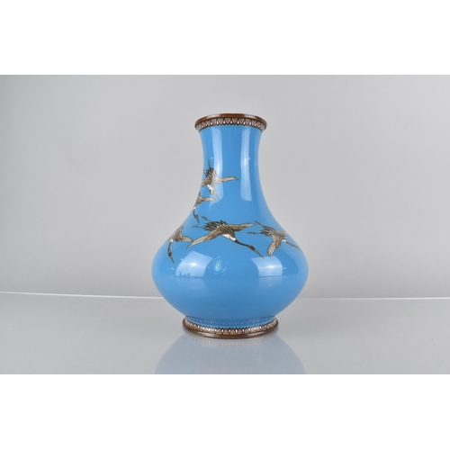 103 - A Japanese Enamel on Bronze Vase Decorated with Cranes in Flight on Blue Ground, 21cm High, Conditio... 