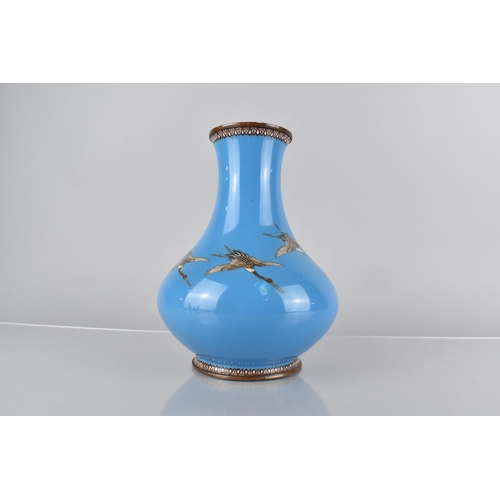 103 - A Japanese Enamel on Bronze Vase Decorated with Cranes in Flight on Blue Ground, 21cm High, Conditio... 