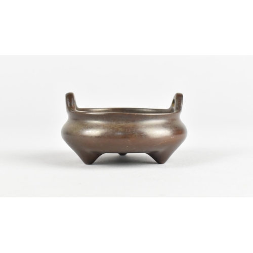 111 - A Small Bronze Chinese Two Handled Censer with Seal Mark to Base, 6cms Diameter