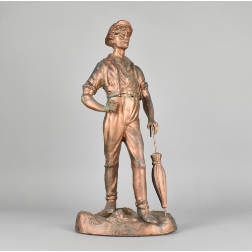 128 - A Bronzed Spelter Figure of a Gent with Umbrella, Some Losses, 44cms High