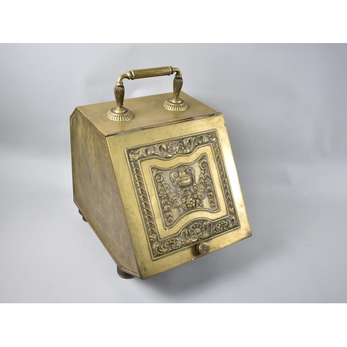 129 - A Late Victorian/Edwardian Brass Coal Scuttle with Sloping Hinged Lid Decorated in Relief, Inner Rem... 