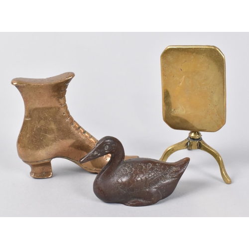 19 - A Miniature Patinated Bronze Duck, a Brass Ladies Boot and a Miniature Model of a Snap Top Tripod Ta... 