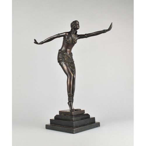 24 - A Reproduction Patinated Art Deco Style Bronze Figure of a Dancer After Chiparus, Set on Stepped Mar... 