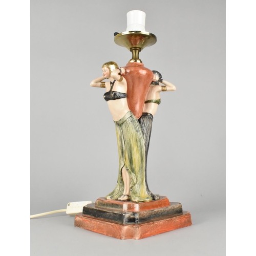 25 - A Reproduction Art Deco Ceramic Figural Table Lamp, Missing Globe Shade, Square Stepped Base, 40cms ... 