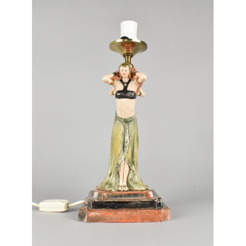 25 - A Reproduction Art Deco Ceramic Figural Table Lamp, Missing Globe Shade, Square Stepped Base, 40cms ... 