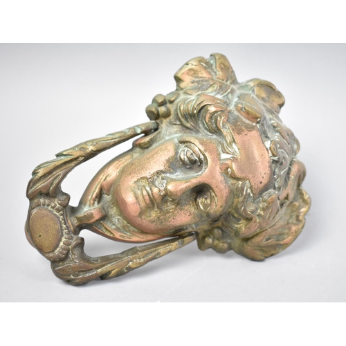 38 - A Cast Brass French Style Mask Head Door Knocker, 18cms High