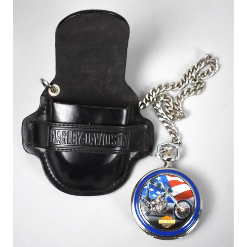 39 - A Modern Reproduction Harley Davidson Pocket Watch in Leather Belt Mounting Holder, Movement In Need... 