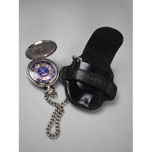 39 - A Modern Reproduction Harley Davidson Pocket Watch in Leather Belt Mounting Holder, Movement In Need... 