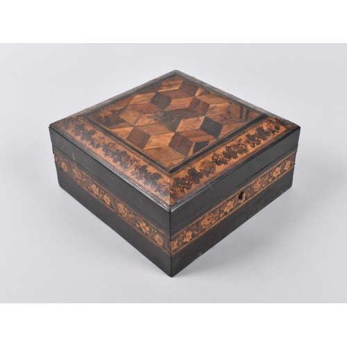 5 - A Tunbridgeware Workbox with Inlaid Geometric Panels to Hinged Lid and Body, 15cms Square