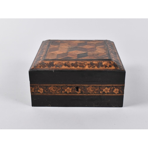 5 - A Tunbridgeware Workbox with Inlaid Geometric Panels to Hinged Lid and Body, 15cms Square