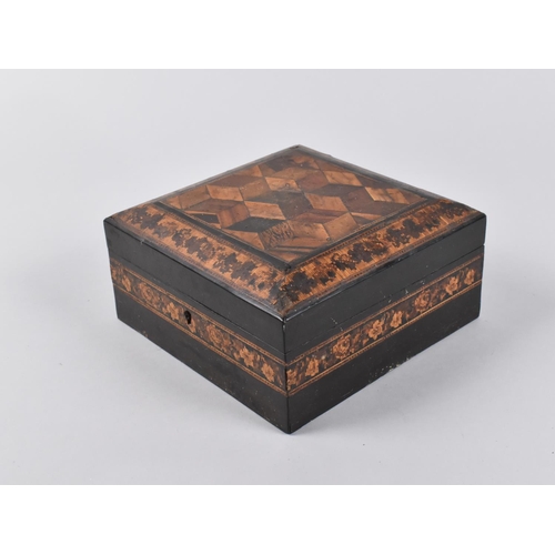 5 - A Tunbridgeware Workbox with Inlaid Geometric Panels to Hinged Lid and Body, 15cms Square